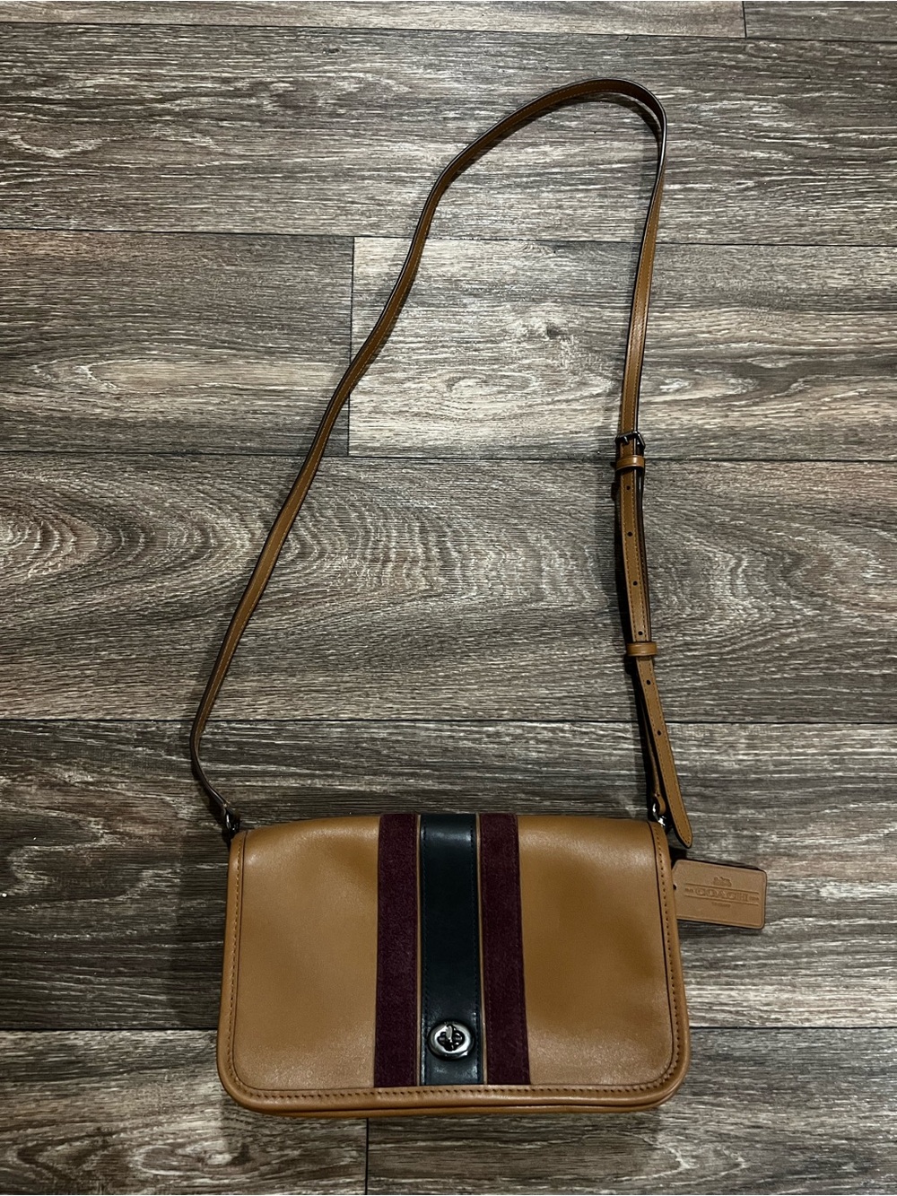 COACH Penny Limited Edition 75th Tan Leather Crossbody with Burgundy Stripe